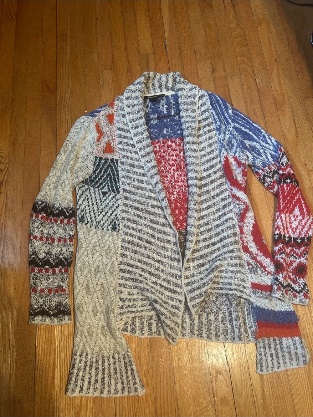 Desigual Multicolor Patchwork Open-Front Cardigan in a Size Small